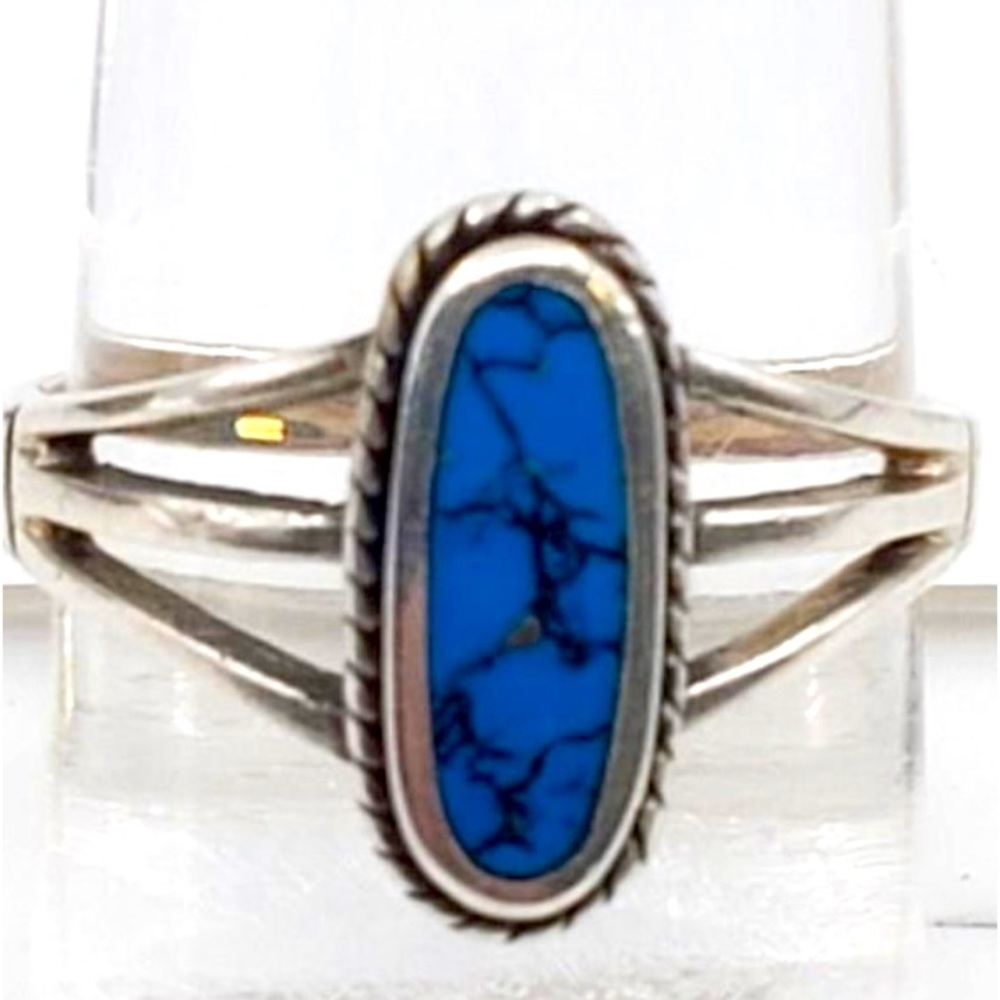 Vintage Inlaid stone sterling silver ring, size 7.0
